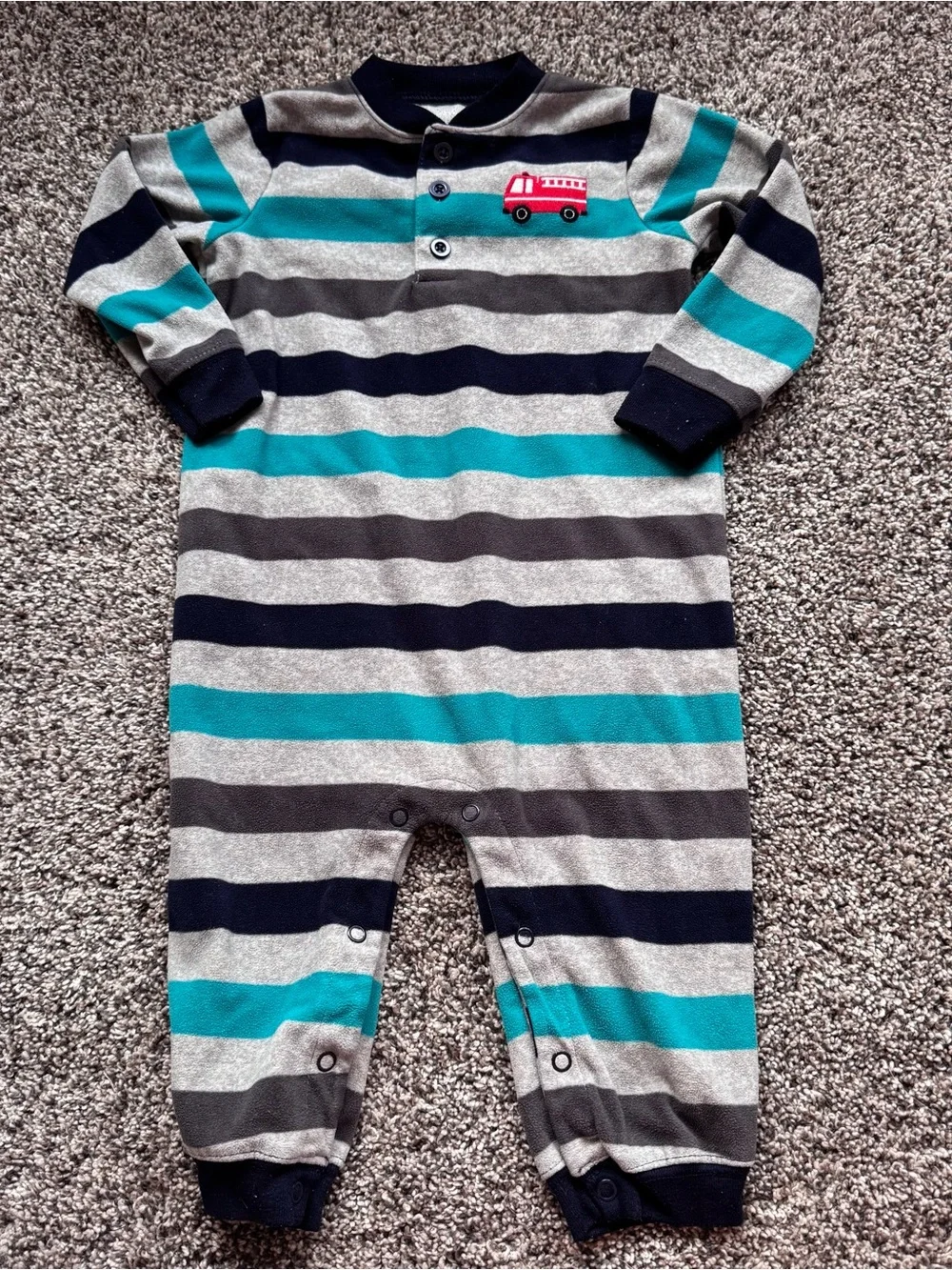 Carter's Navy, Teal & Gray Striped Footie with Firetruck Patch